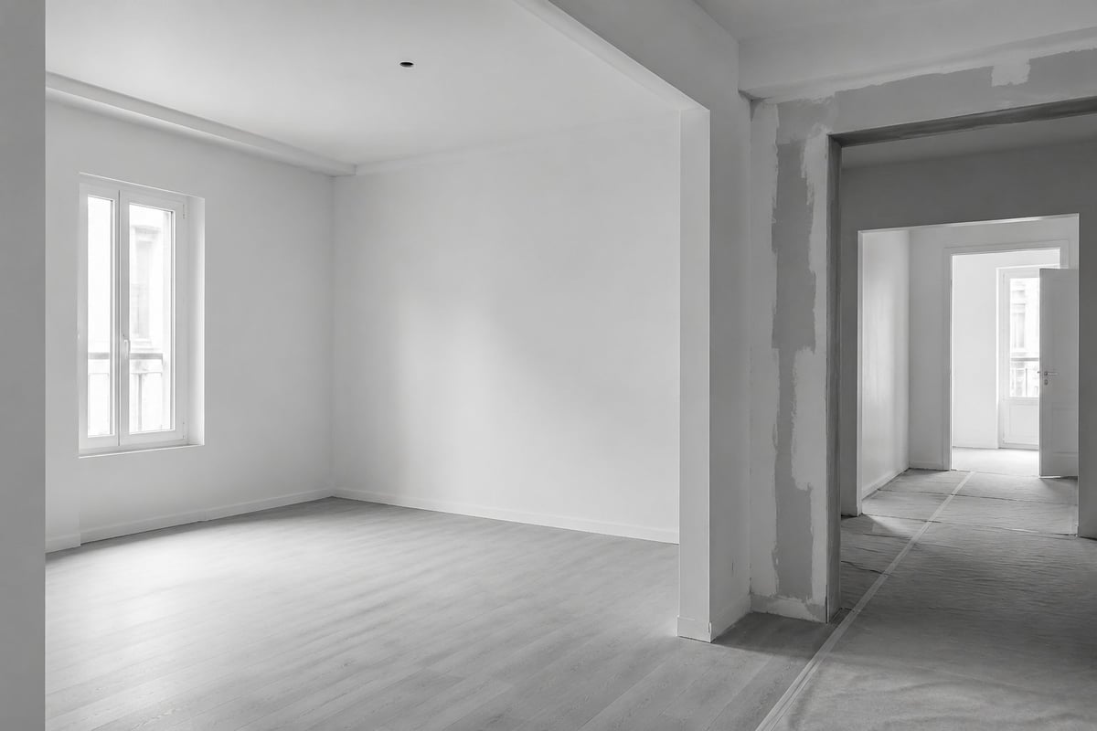 Leere Wohnung mit weissen Wänden, Holzboden, grossen Fenstern und Durchgängen zwischen Räumen