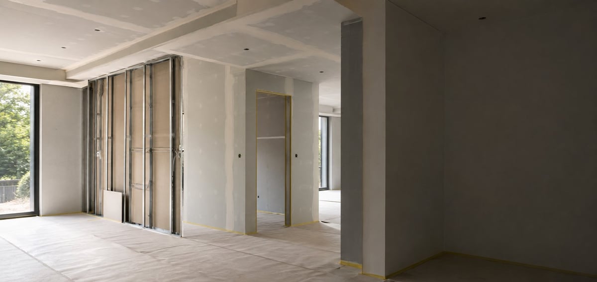 Modernes, leeres Wohnungsinnere mit frisch verputzten Wänden, Ständerkonstruktion, grossen Fenstern und geschütztem Boden